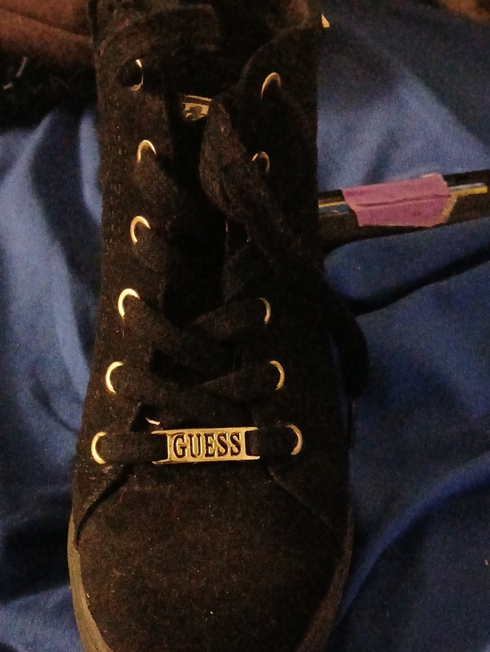 GUESS Women’s Black Suede Lace-Up Sneakers with Gold Logo
